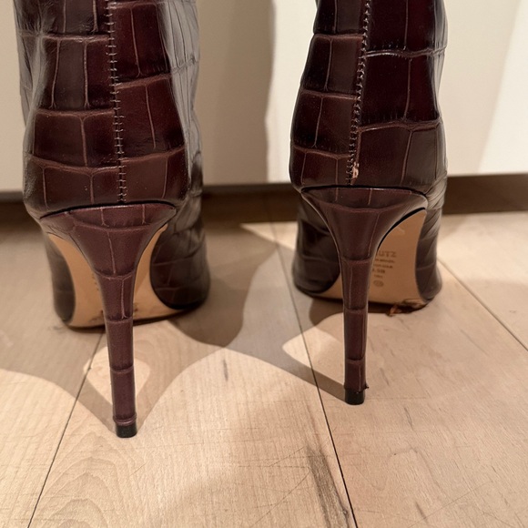 SCHUTZ Maryana Dark Brown Croc-Embossed Heeled Boots - Picture 9 of 13